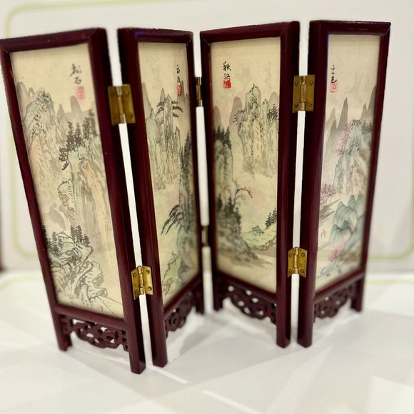 Chinese 4 Panel Screen Hand Painted Silk Lacquer Rose Wood - Signed, VTG, RARE - Picture 9 of 11